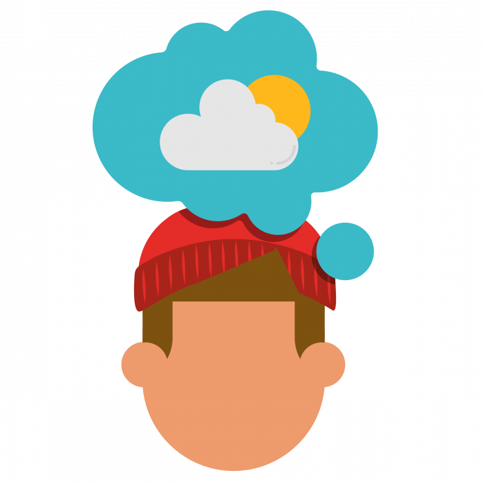 Illustration of young person with thought bubble above his head thinking of sun and clouds